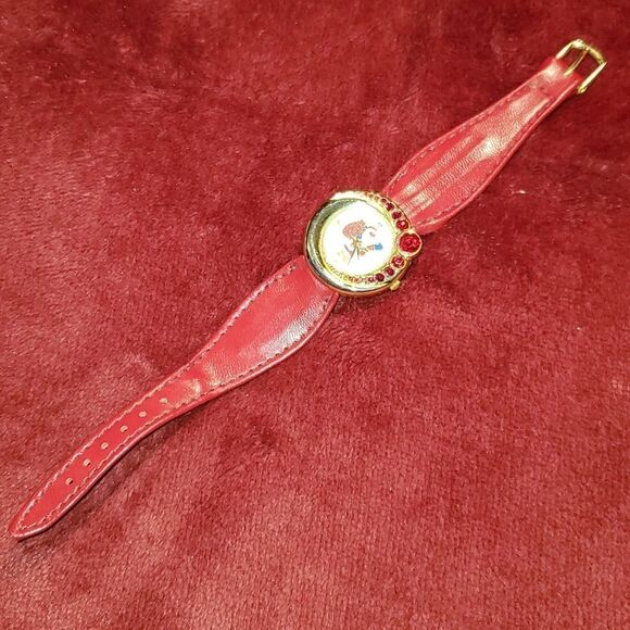 Santa Claus Christmas Rubies Red‎ Crystals Leather Band Gold Tone Sparkle Watch - Picture 2 of 10
